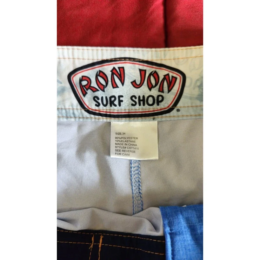 Ron Jon Surf Shorts Men 34 Blue Peach Beach Graphic Hawaiian Floral Zip Pocket - Picture 7 of 10